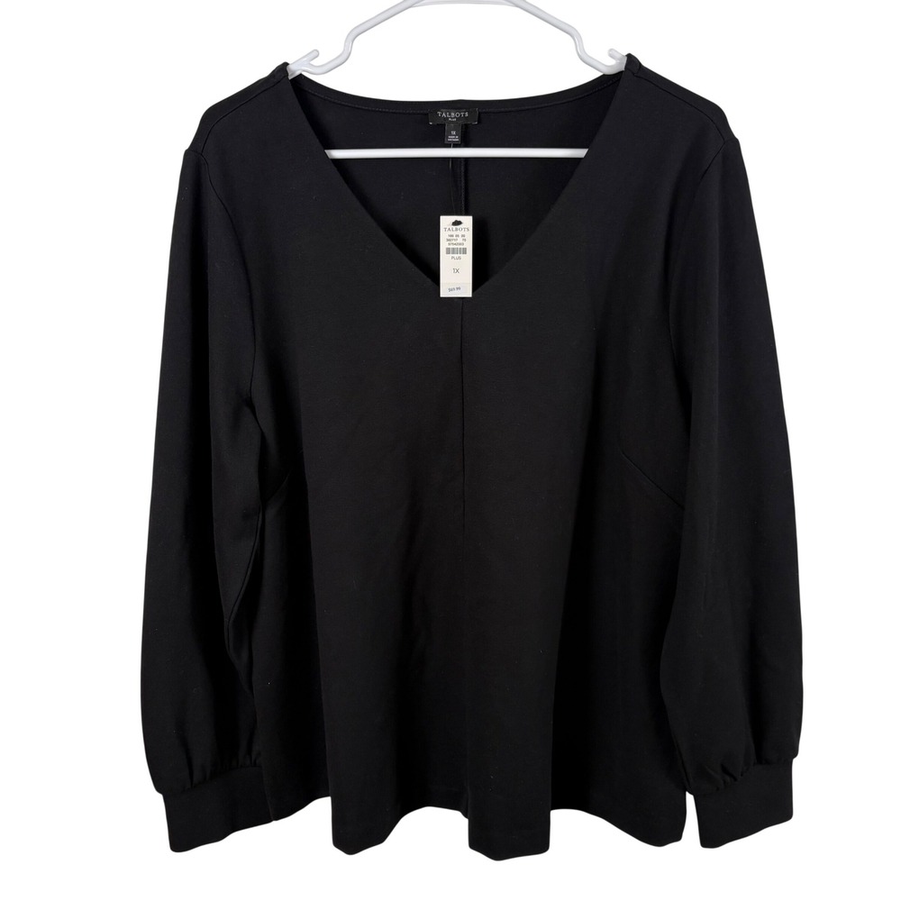 NWT Talbots Knit Top Women's 1X Black V-Neck Gold Buttons Minimalist Staple